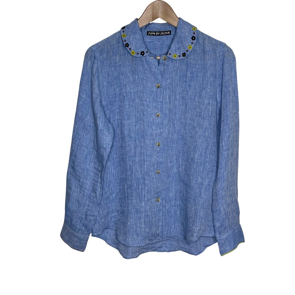 Jupe by Jackie 100% Linen Blue Embroidered Button Front Blouse Shirt Handmade